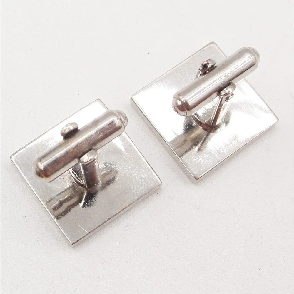 Vintage Silver Tone Square Geometric Starburst Cufflinks Black Enamel Industrial